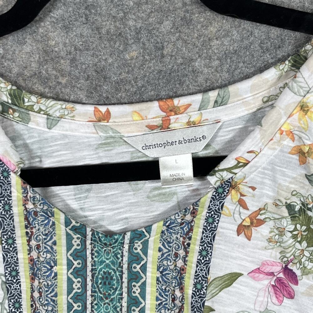 CJ Banks Boho Peasant Top Tunic Sz LG Floral Print Pom Poms 3/4 Sleeves - Picture 2 of 8